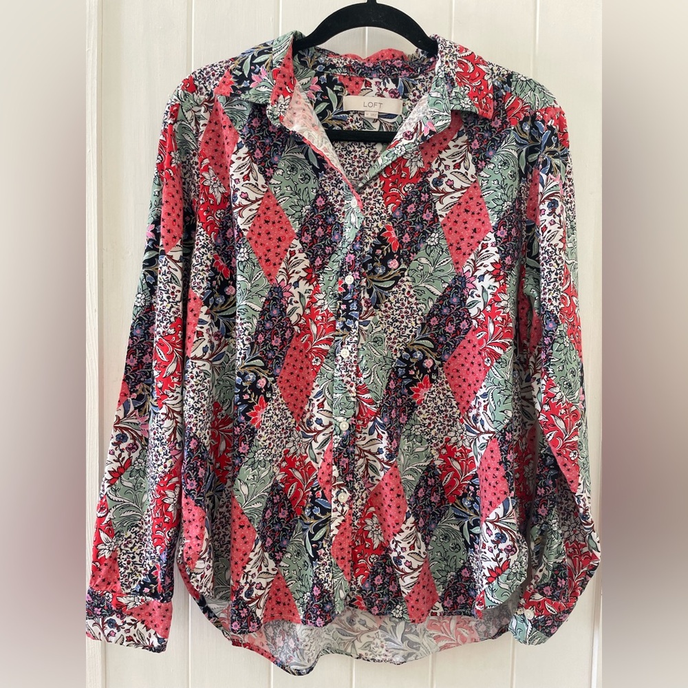 LOFT Women's Patchwork Floral Print Button Down T… - image 1